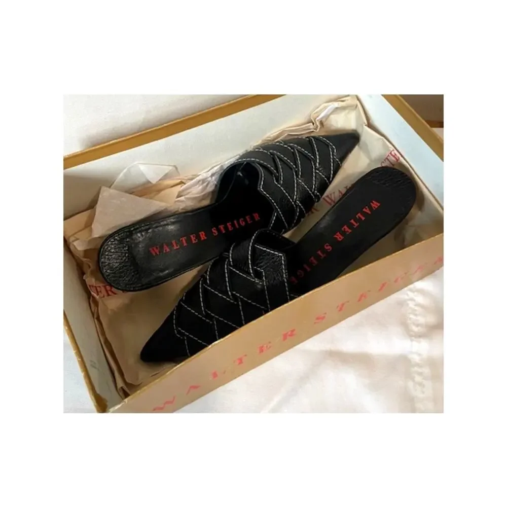 Walter Steiger Black Leather Pointed-Toe Woven Mules